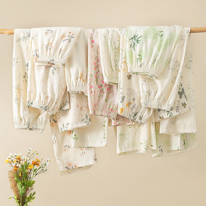 新款云朵棉女长裤睡裤那夏季薄款舒适遛弯裤阔腿裤卡通国风家居裤