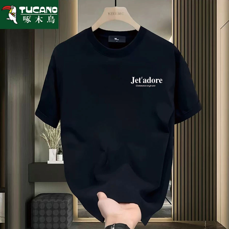 啄木鸟重磅纯棉短袖T恤男士夏季新款2025爆款休闲时尚印花圆领T恤