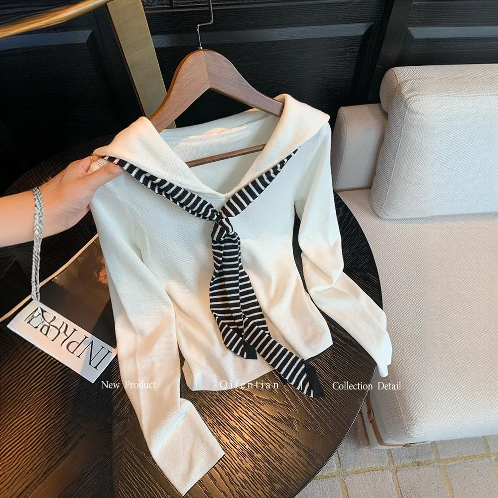 黑白条纹披肩假两件针织衫女秋季新款设计感修身显瘦气质百搭上衣