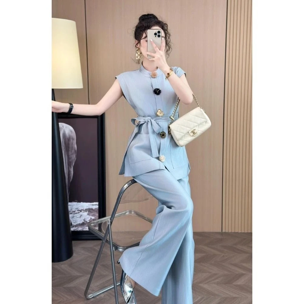 时尚气质高级感蓝色马甲上衣夏季清新简约长款阔腿裤外穿通勤套装