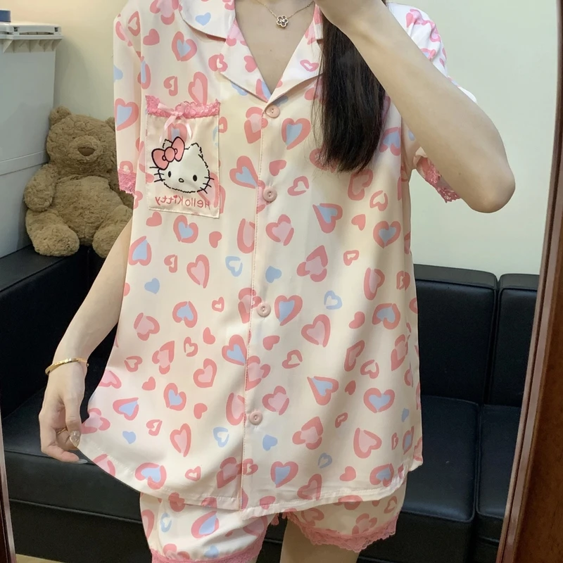 冰丝睡衣女夏季短袖薄款粉色心形HelloKitty网红爆款夏天家居服