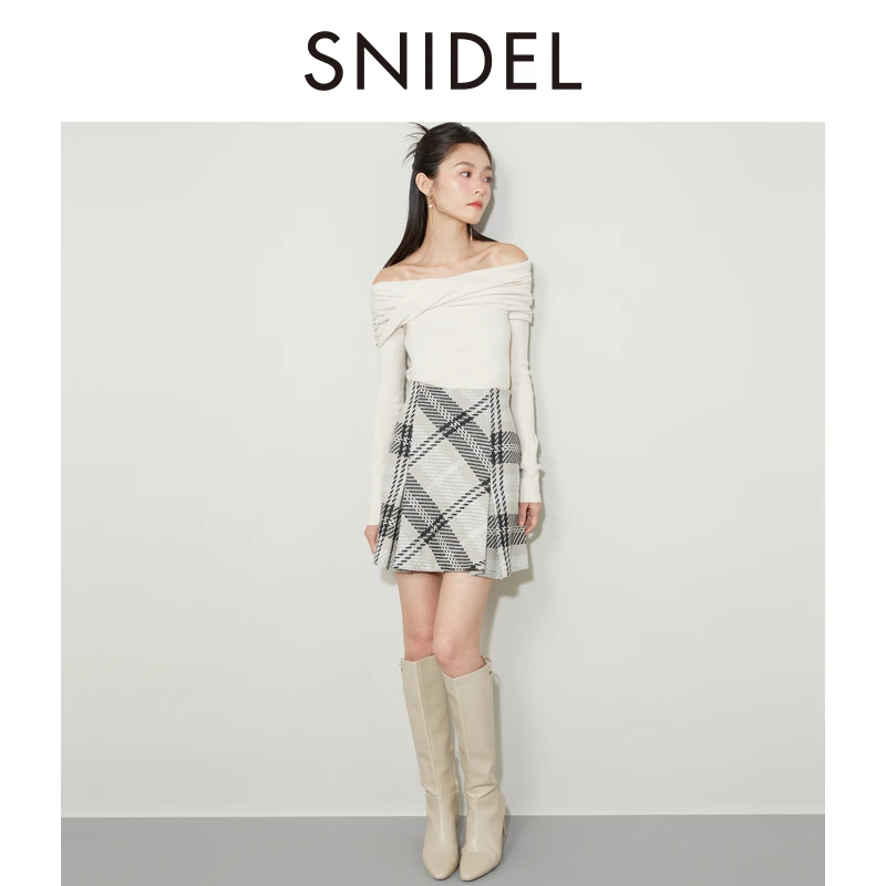 SNIDEL秋冬新品一字肩长袖开衫气质圆领毛针织衫SWNT244155