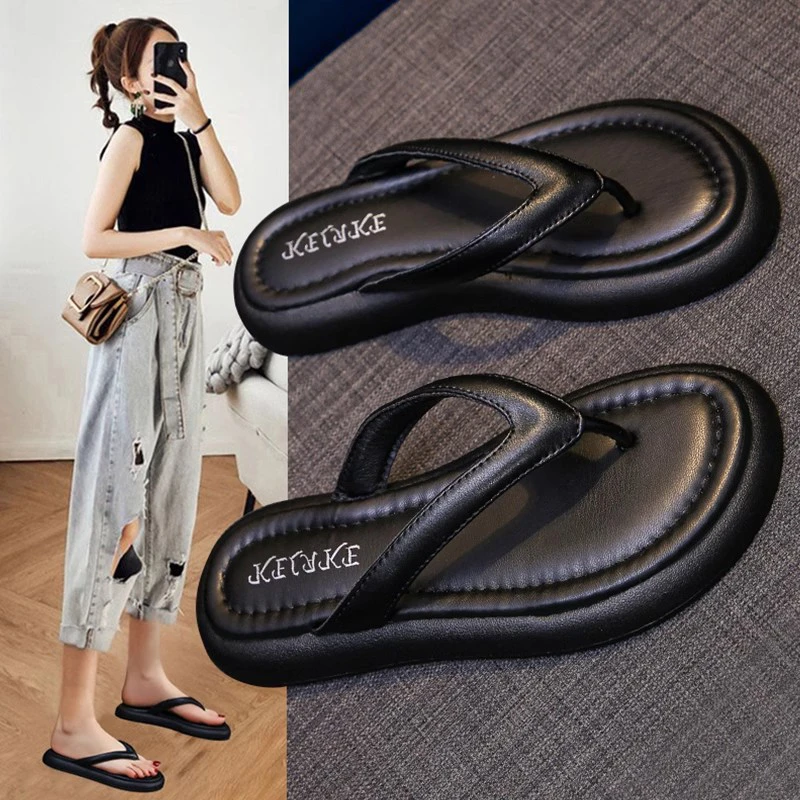【万达撤柜】踩感人字拖女学生黑色防滑外穿2025新款平底厚底沙滩