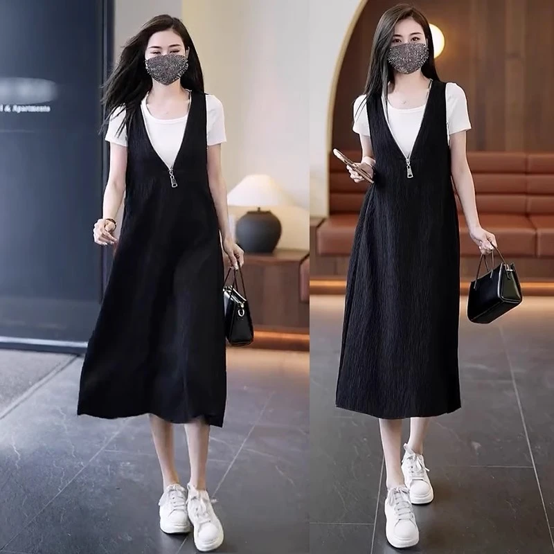 广州薇姐时尚拉链背心连衣裙女2025夏季新款大码宽松显瘦洋气裙子