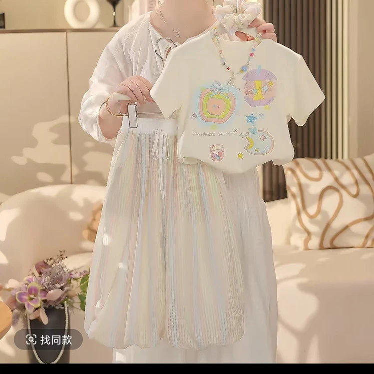 尚品琳25605女童短袖T恤套装夏季新款半袖上衣夏女孩花苞裤两件套