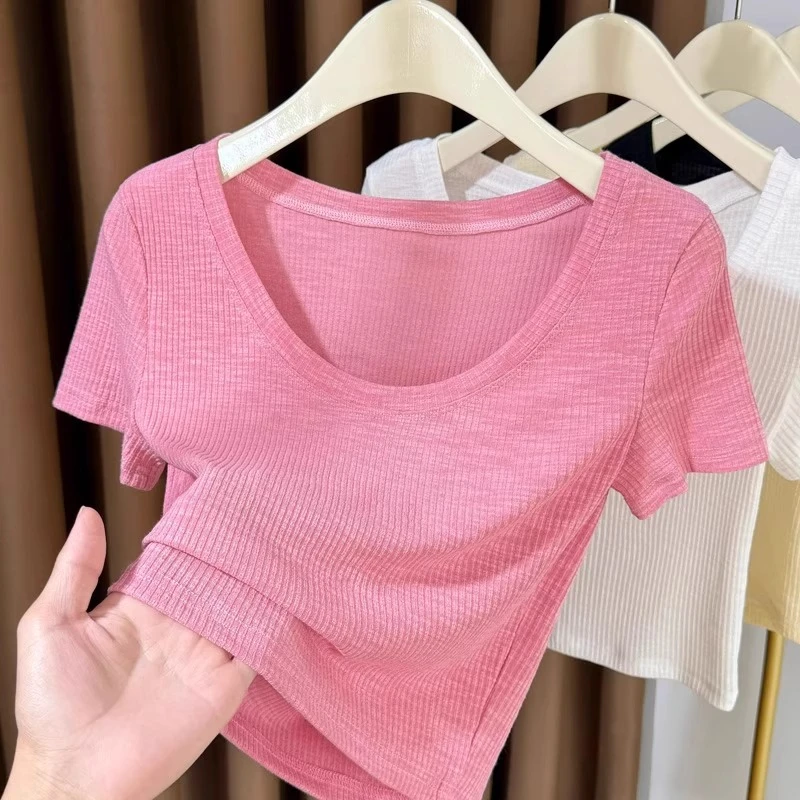 芯娇晴大圆领粉色T恤袖女2025新款冰丝针织短袖螺纹内搭短款上衣