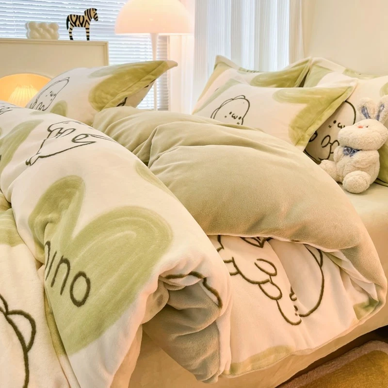 卡通印花牛奶绒四件套加厚保暖被套珊瑚绒被罩宿舍单双人四季通用