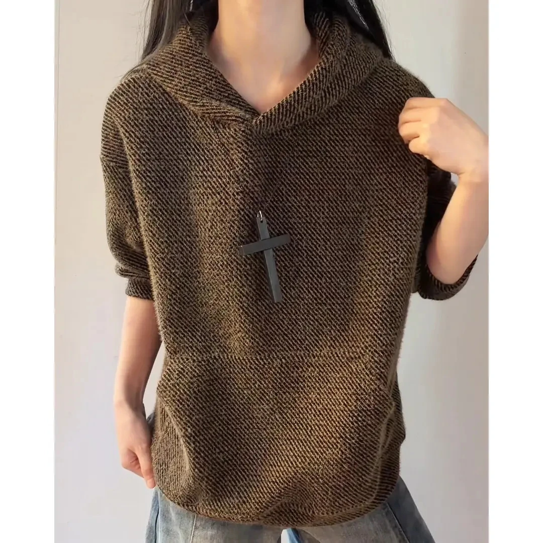 美式复古咖色满天星针织卫衣男款秋冬cleanfit重磅连帽衫毛绒外套