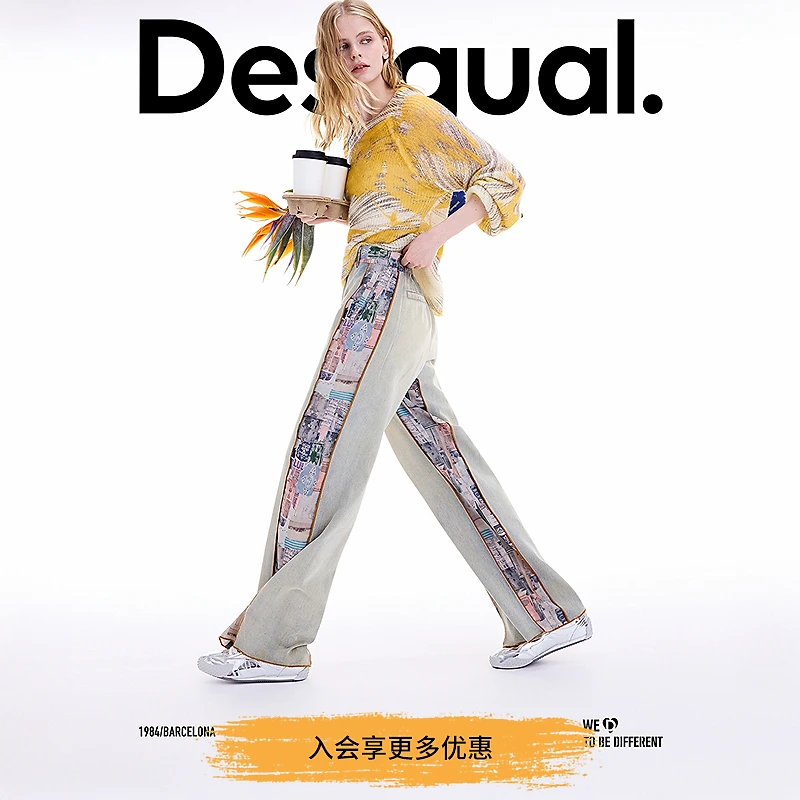 Desigual25秋冬新品直筒水洗牛仔拼接印花设计女士牛仔裤