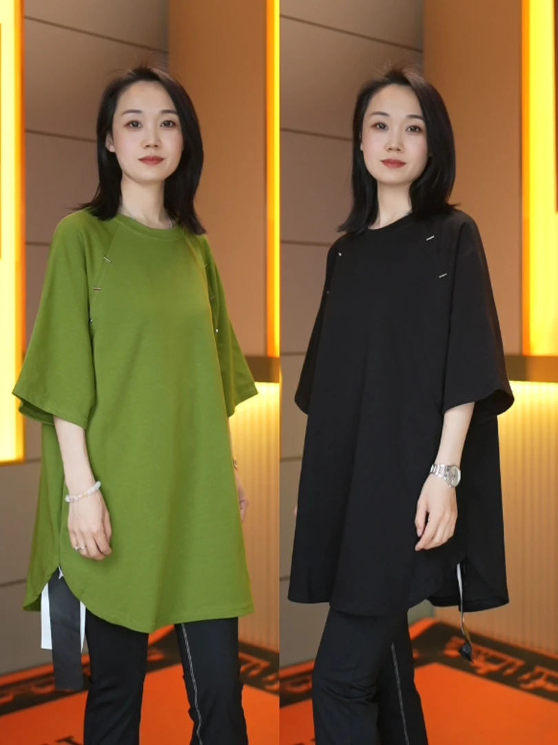 夏季宽松圆领显瘦遮肉纯色短袖T恤铆钉设计休闲百搭瑜伽微喇裤