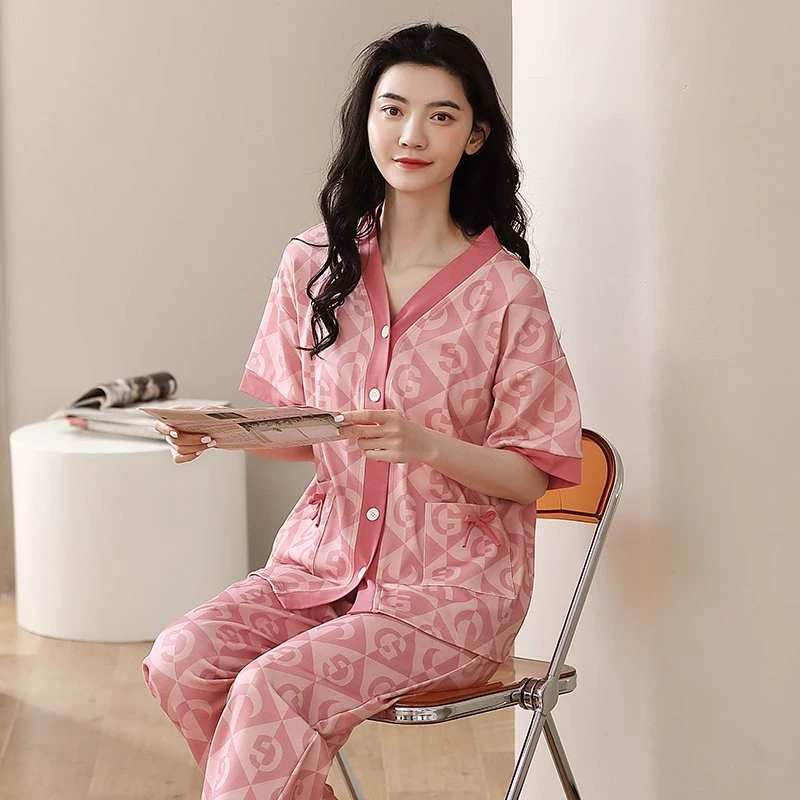 高品质优质棉女生短袖长裤开衫春夏季睡衣KSF家居服