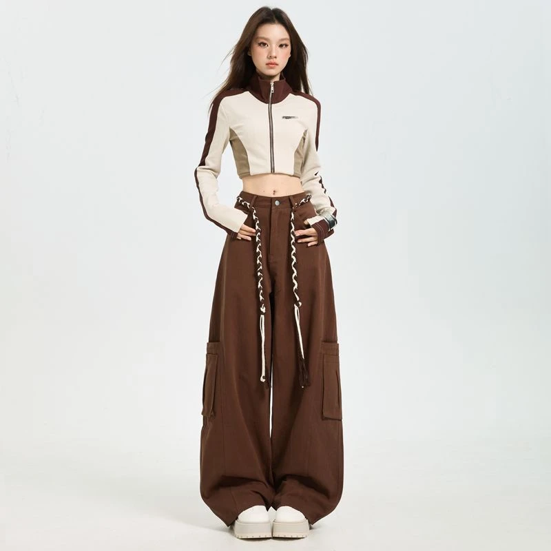 【旗鼠】咖啡色多口袋工装牛仔裤女2025秋季新款宽松阔腿工装长裤子