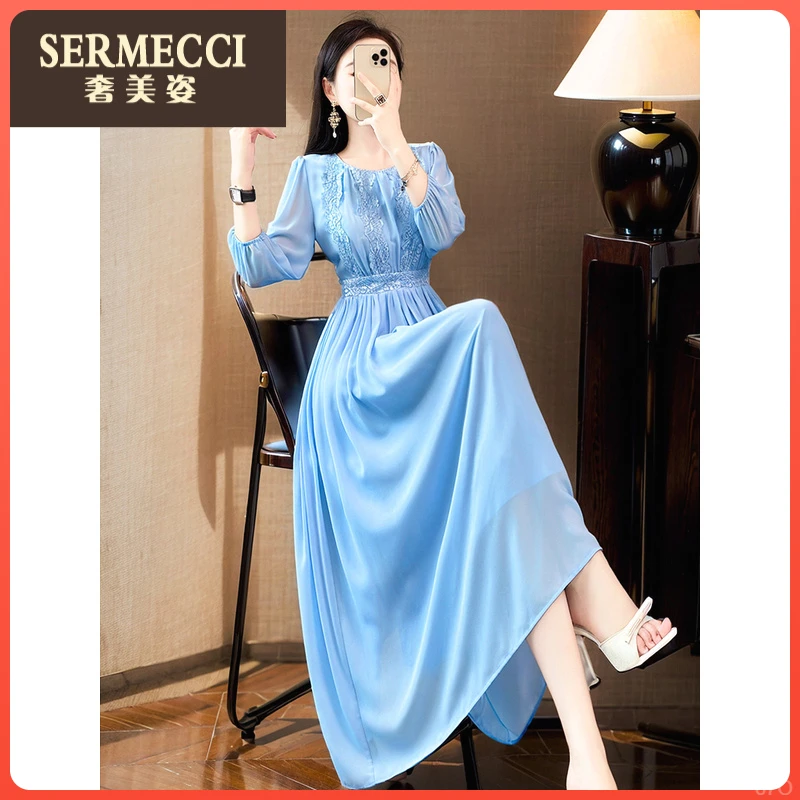 2025年新款奢美姿上档次春秋茶歇法式a字收腰圆领灯笼袖连衣裙
