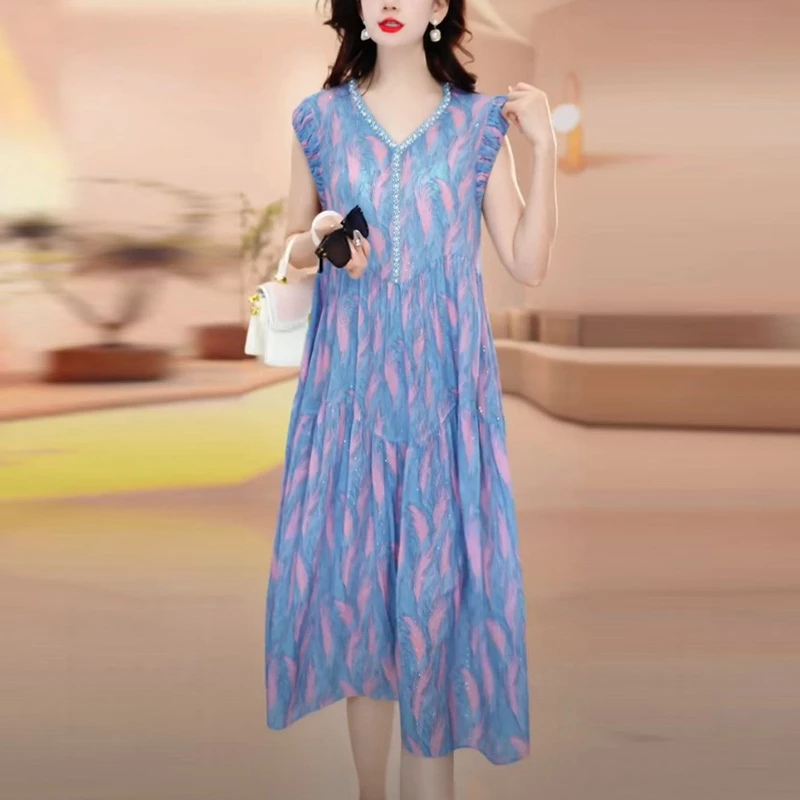 轻羽丝温婉大方衣服2025夏季新款时尚洋气质轻奢宽松遮肉连衣裙子