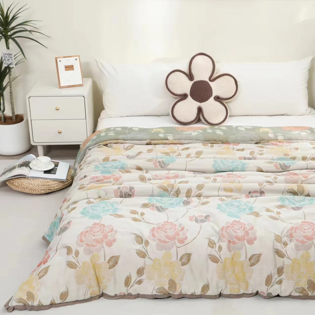 【牡丹青绿】200*230cm全棉高定贡缎提花双层纱印花薄款酥绒棉冬被