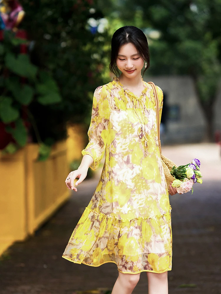 马洛克 迷彩真丝顺予印花连衣裙小个子款显瘦显高 90149