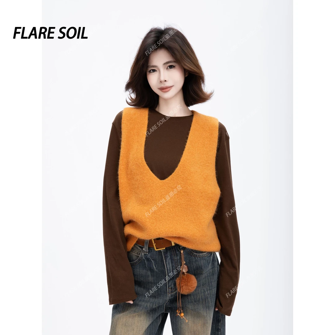 【FLARE SOIL】针织短绒马甲深V领秋装韩系ins风打底背心 T4742A