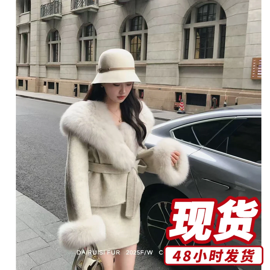 【两件套】2025冬新双面呢大衣女毛领海军领毛呢子套装S911234