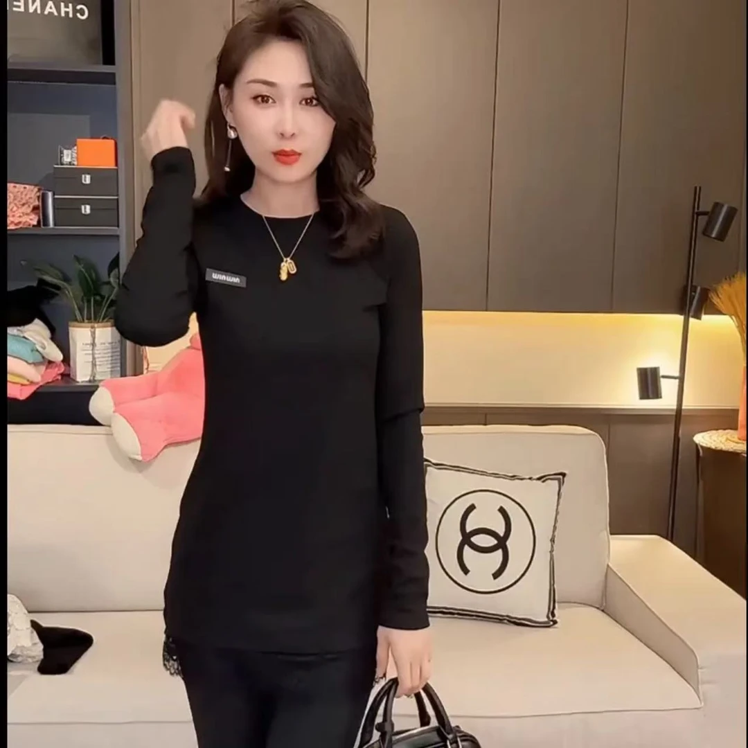 新款韩版修身中长款下摆蕾丝花边拼接长袖T恤女打底衫上衣