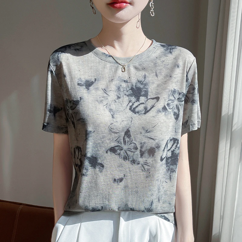 夏季超薄莱赛尔天丝水墨画短袖圆领体恤轻薄透气