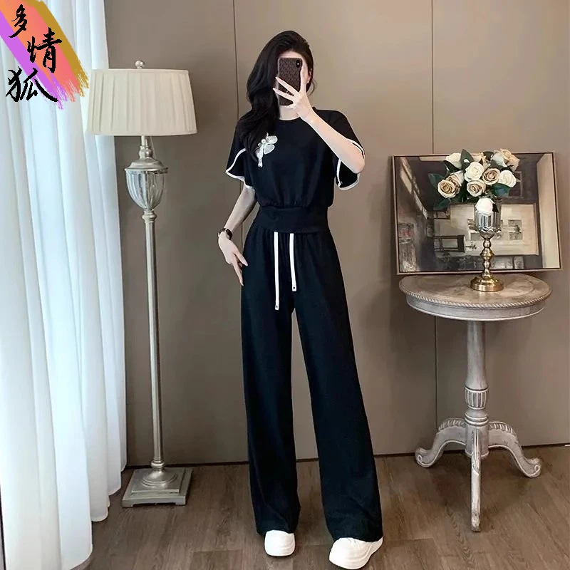 休闲运动套装女2025新款夏季宽松时尚减龄洋气短袖阔腿裤两件套潮