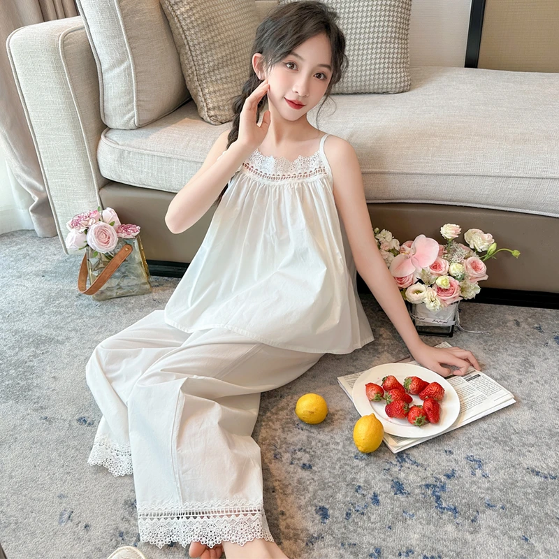 纯棉女童家居服夏季新款吊带小孩空调服大童洋气套装258055