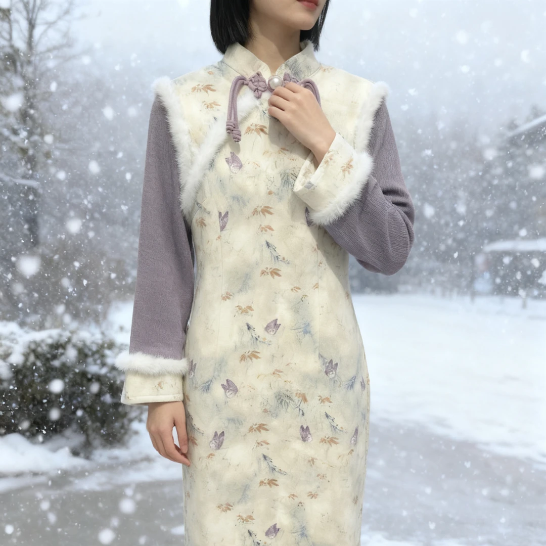 【2837 紫蝶 加绒加厚】显瘦气质修身优雅复古中国风旗袍