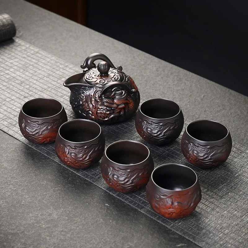 云南建水紫陶手工浮雕祥龙盛世家用陶瓷大容量手抓泡茶壶茶杯茶具