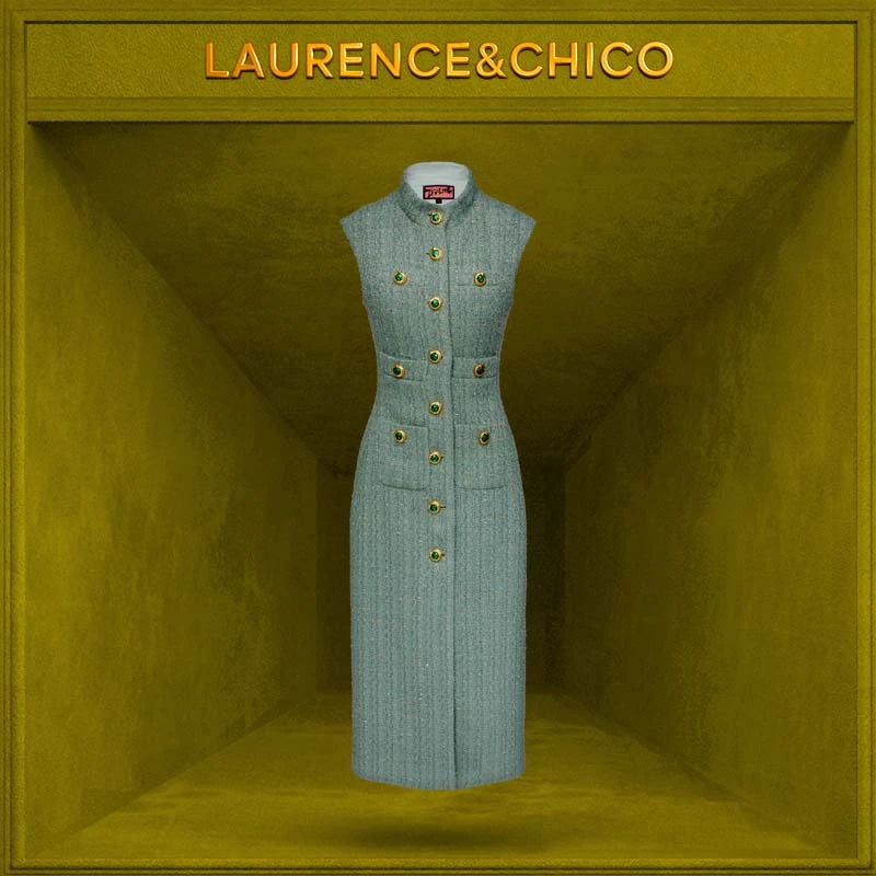 灵蛇扣粗花呢马甲连衣裙，瓦松绿P5AX10117001气质时尚长款修身