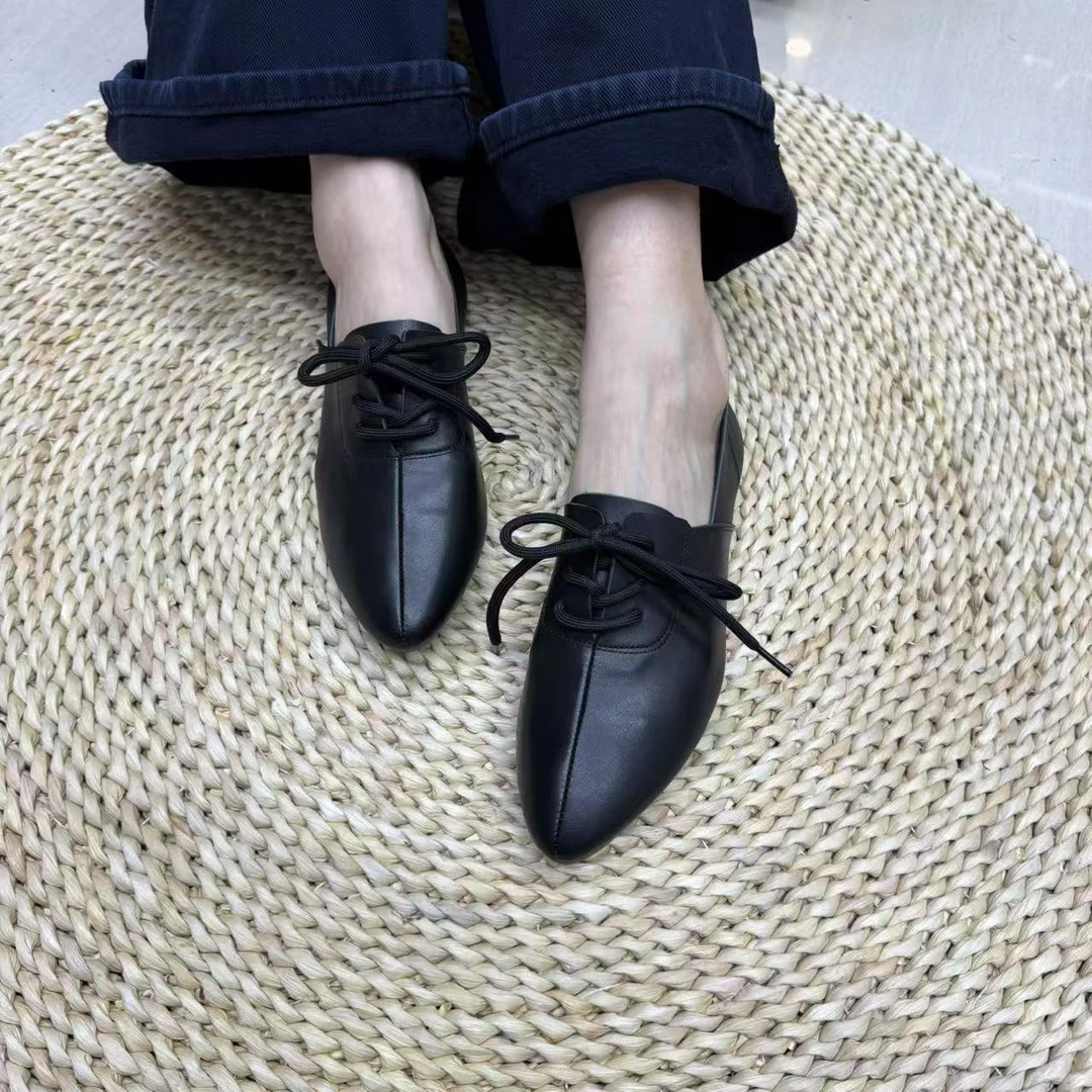 2720-5纯色系带极简风单鞋休闲百搭舒适低跟尖头软底小皮鞋