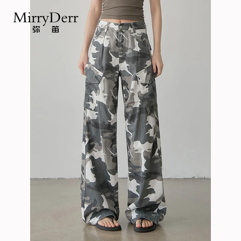MirryDerr/弥笛时髦潮流迷彩阔腿裤女2025夏季新款高腰直筒牛仔裤