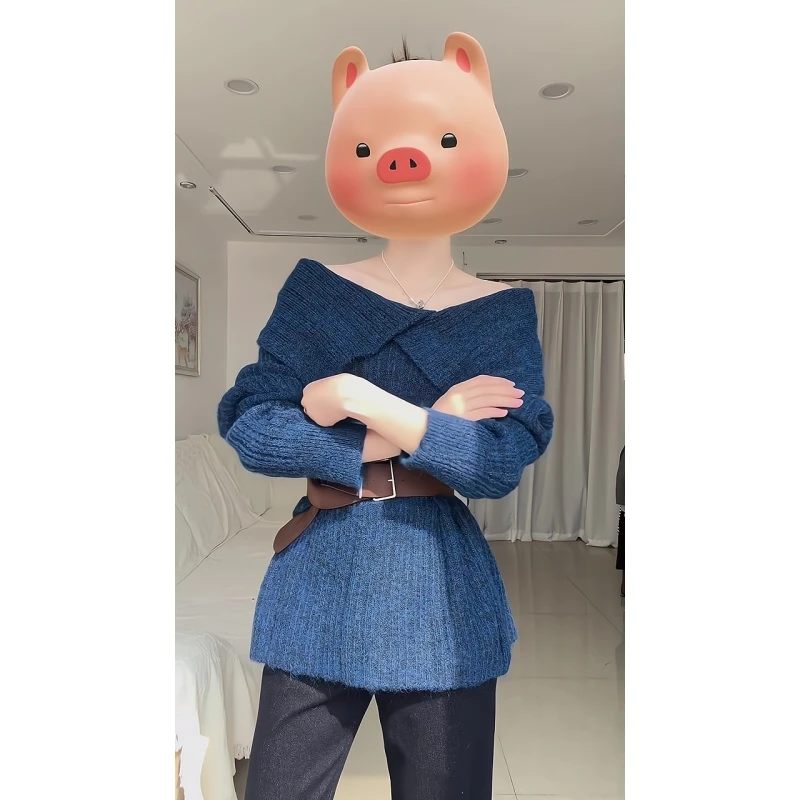 温柔风一字肩翻领配腰带慵懒风毛衣中长款上衣显瘦直筒阔腿裤套装