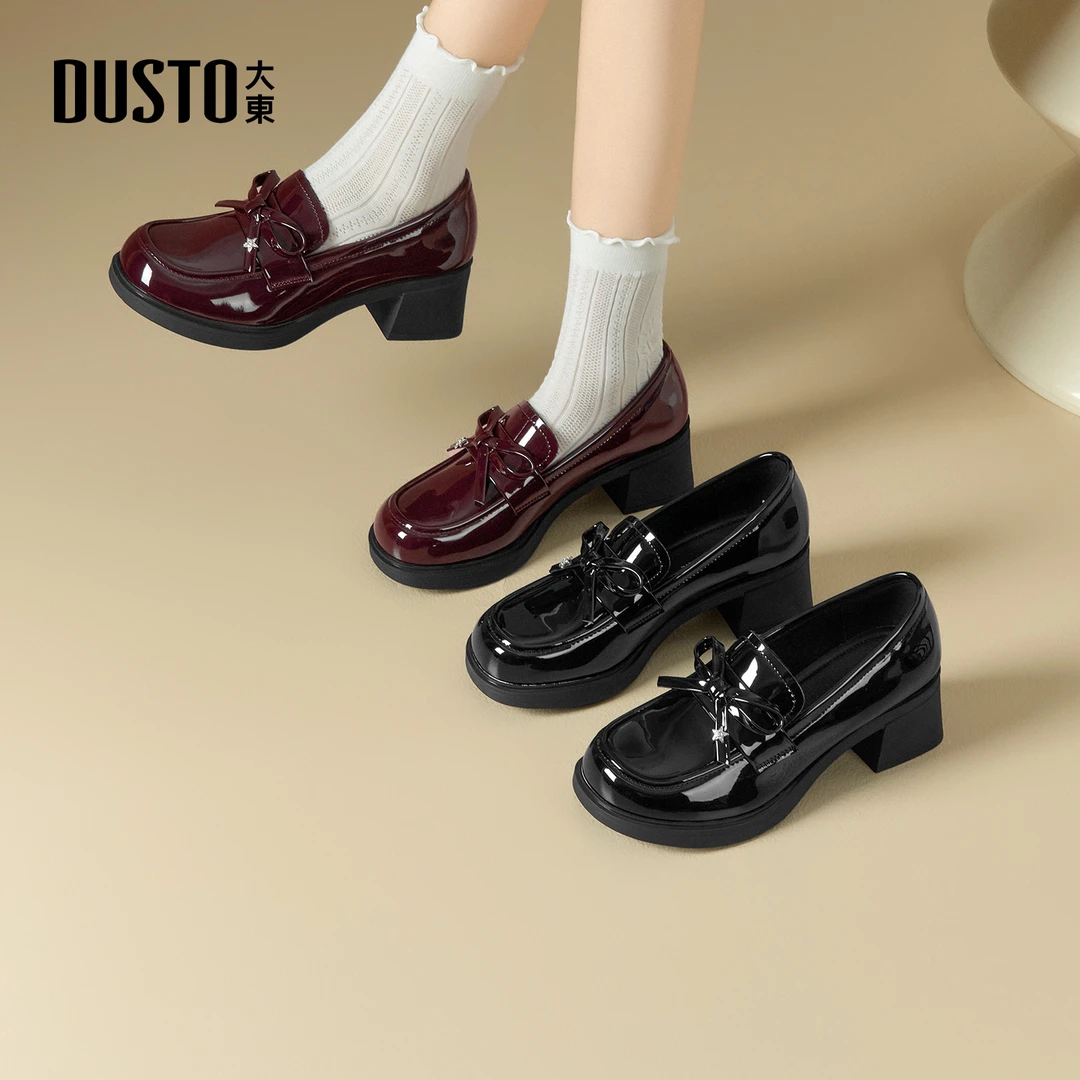 大东女鞋粗高跟乐福鞋2025秋冬新款学院风百搭蝴蝶结小皮鞋1020