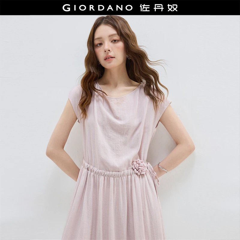 【设计师款】佐丹奴立体花朵绑带圆领气质连肩袖连衣裙 18465813