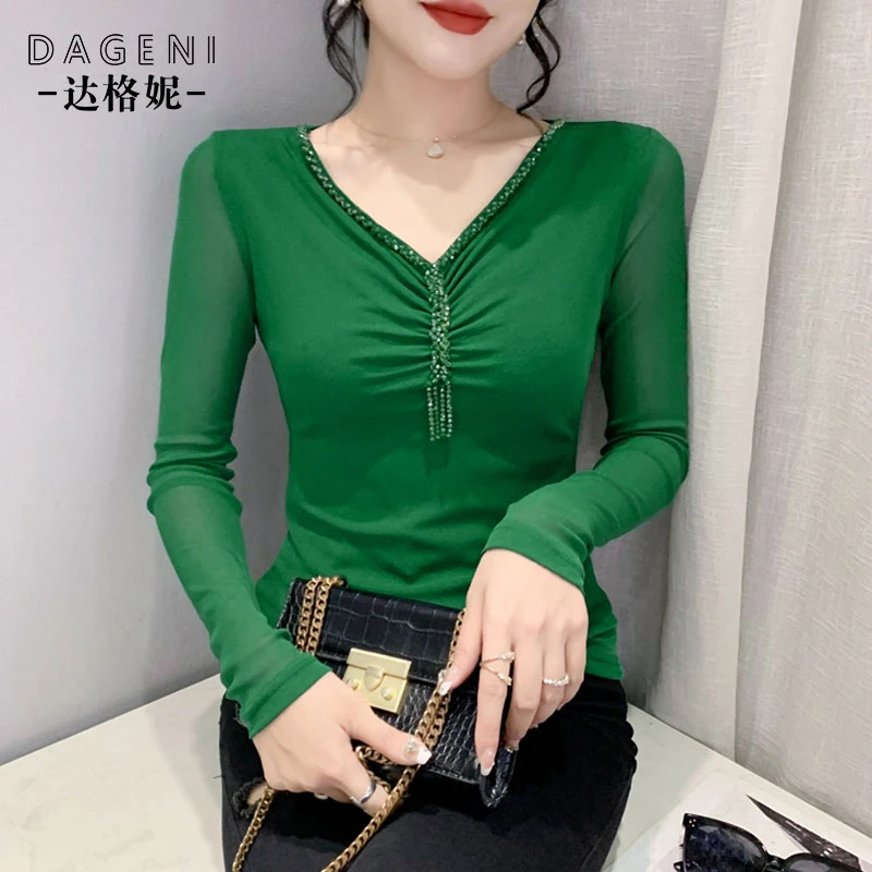 性感V领钉珠网纱长袖t恤女2025夏季新款修身显瘦上衣百搭气质小衫