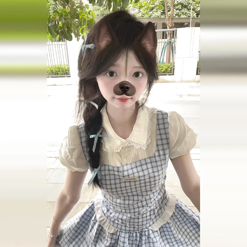 学院风蓝色假两件连衣裙子女夏季2025新款设计感甜美气质公主短裙