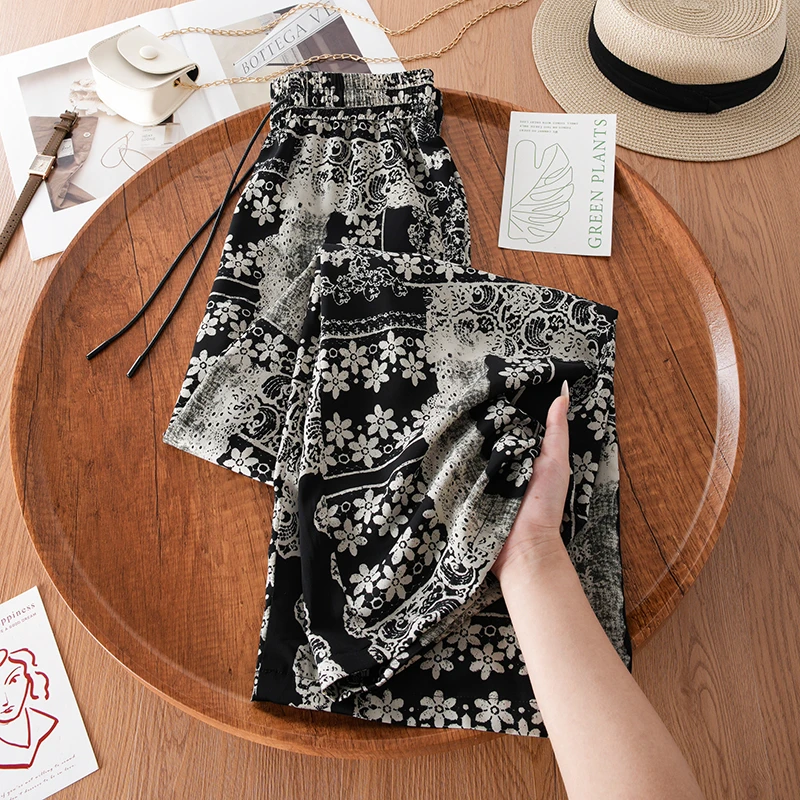 2025印花直筒裤阔腿裤夏季松紧休闲裤休闲大码高腰薄款碎花女裤子