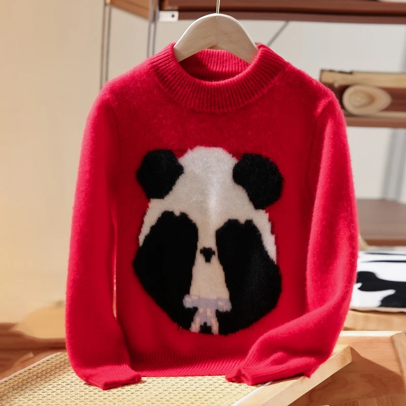 儿童半高领加厚纯羊毛衫男女童卡通熊猫套头毛衣中大童针织打底衫