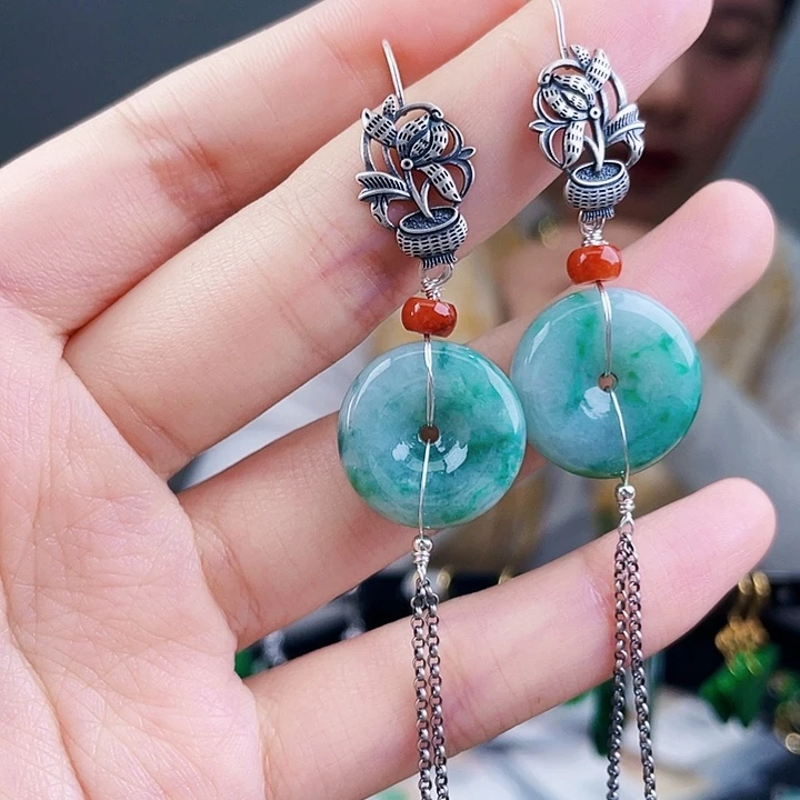 翡翠耳饰银S925镶嵌饰品