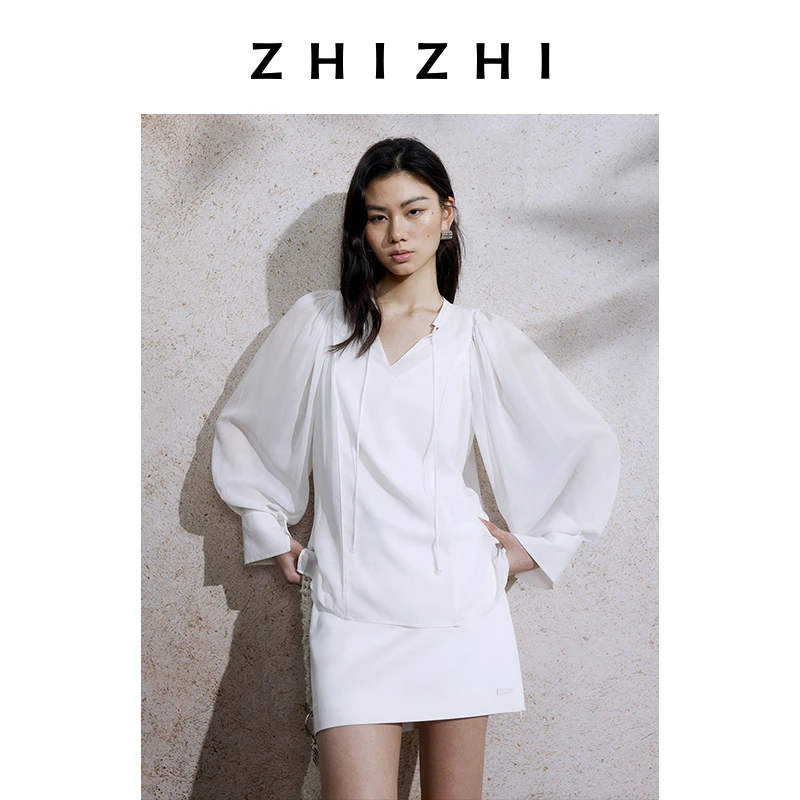 致知 忆仙姿 抽绳V领白衬衫女2025夏新款松弛宽松上衣ZZ2EMWC3050