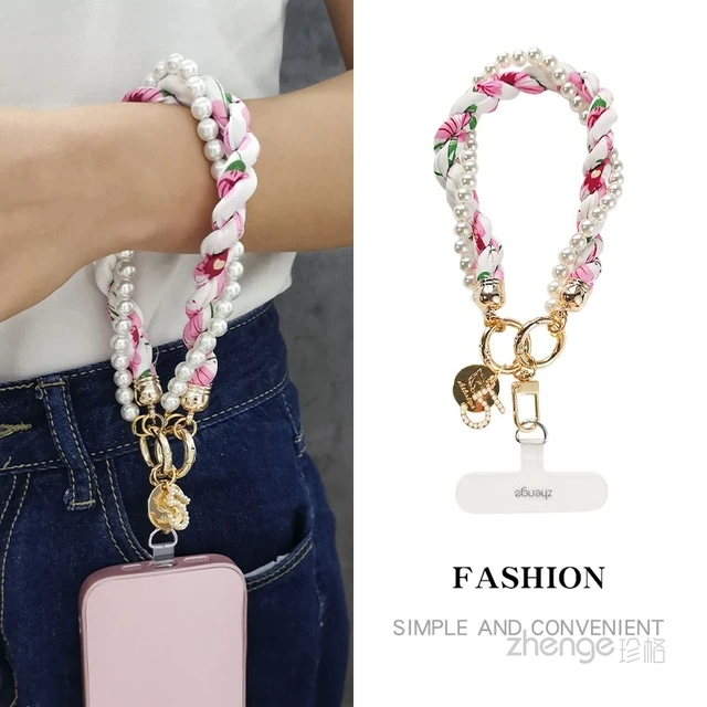 丝巾珍珠手机挂绳链ins时尚女士手腕挂饰手机壳挂件串珠链短款高