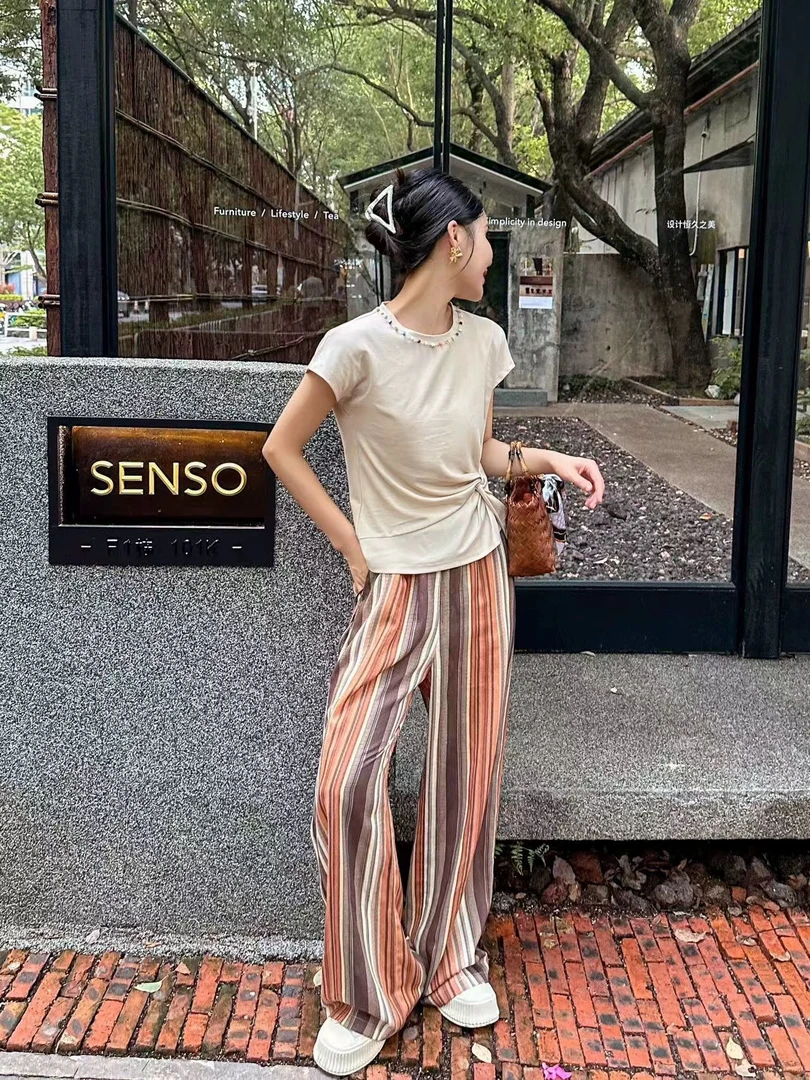 欧洲站2025夏季新款小众钉珠圆领纽收腰短袖上衣百搭休闲女88678