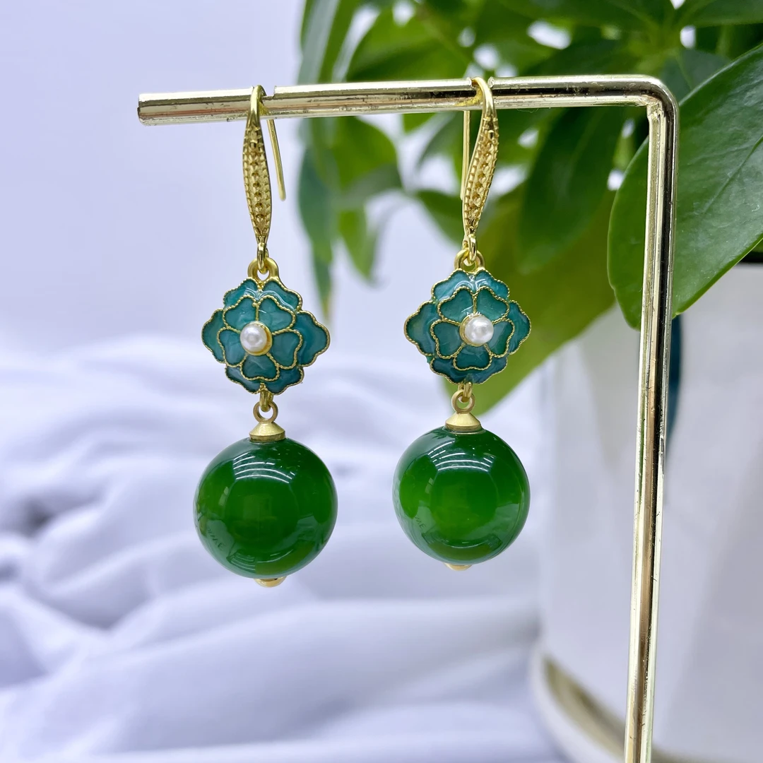 合金仿水晶耳饰 绿色大猫眼耳坠女款山茶花耳环圆珠百搭复古486