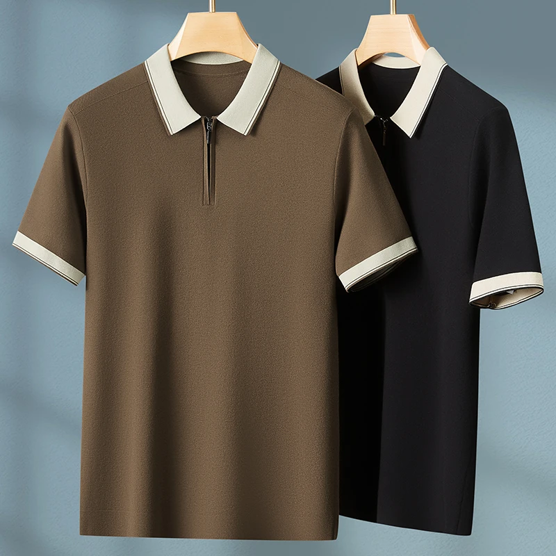 男士轻奢时尚撞色潮流简约大码修身翻领拉链商务休闲短袖针织衫KP