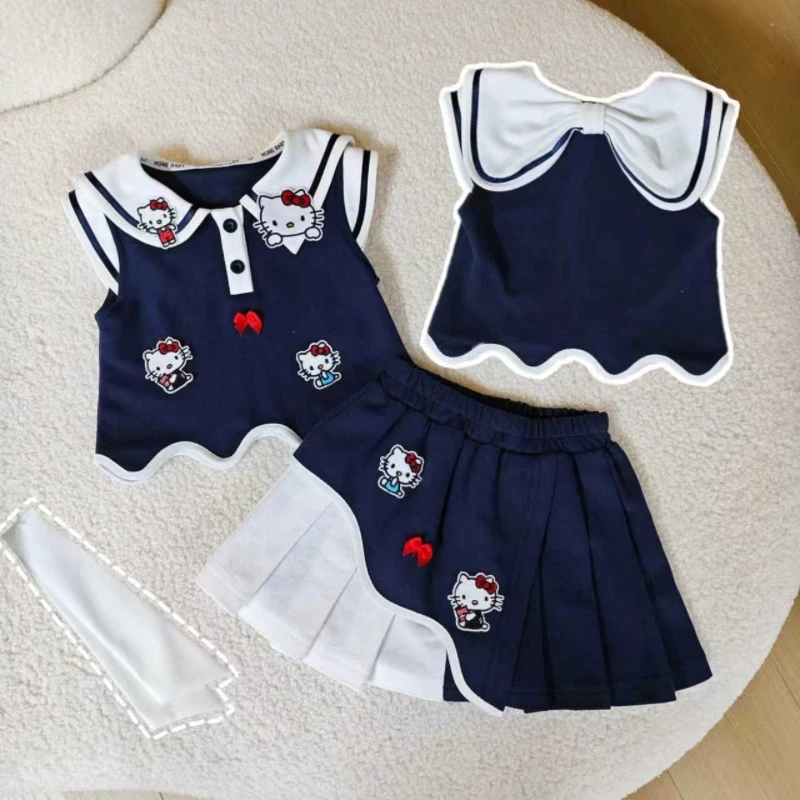 女童无袖半身裙套装2025新款夏季儿童卡通polo领学院风百褶裙洋气