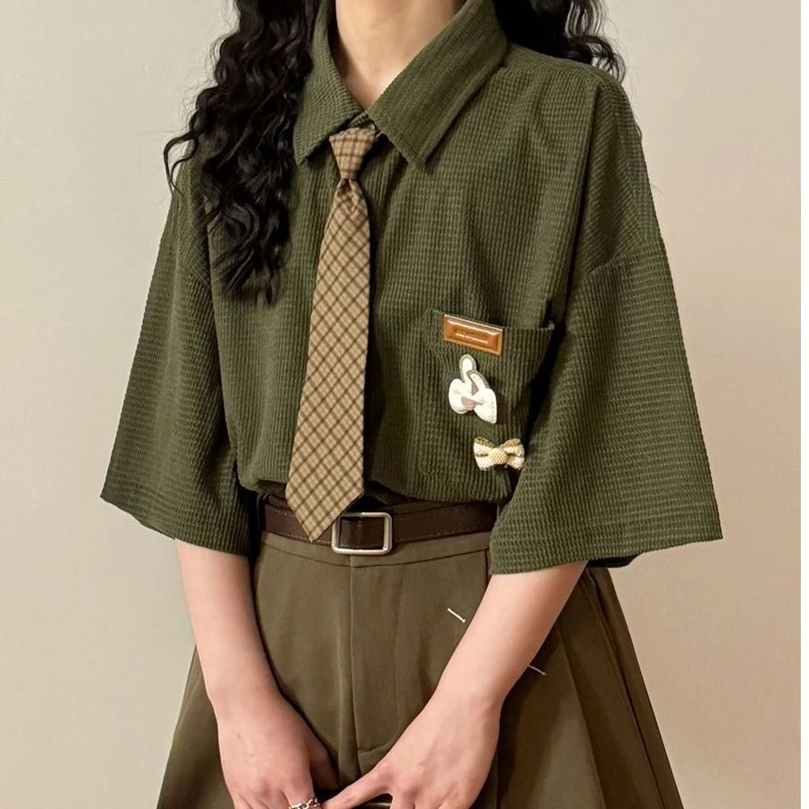 【华夫格短袖衬衫套装】2025夏季日系复古宽松慵懒风兔子衬衫上衣女