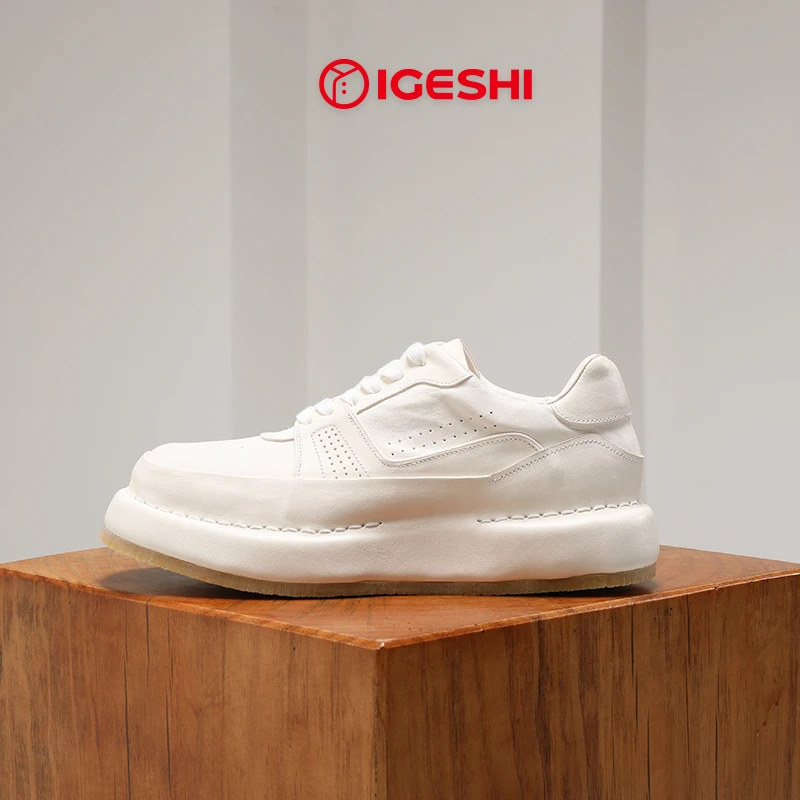 IGESHI爱革仕白色厚底时尚休闲板鞋男水洗马皮手工高端男鞋潮