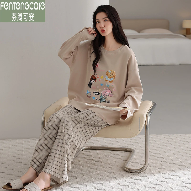 芬腾可安100%纯棉睡衣女款长袖带胸垫秋冬薄款圆领休闲家居服外穿