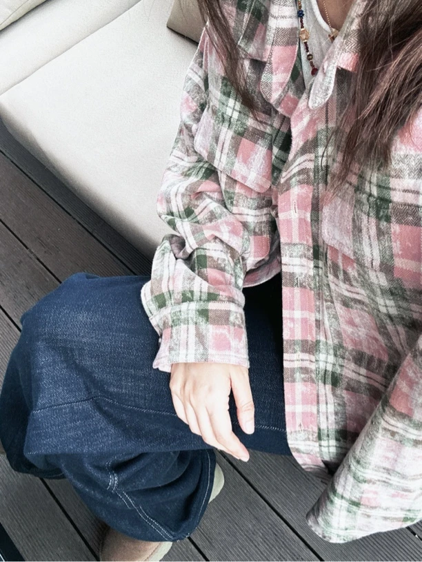 春秋中性款男女同款印花长袖格子衬衫