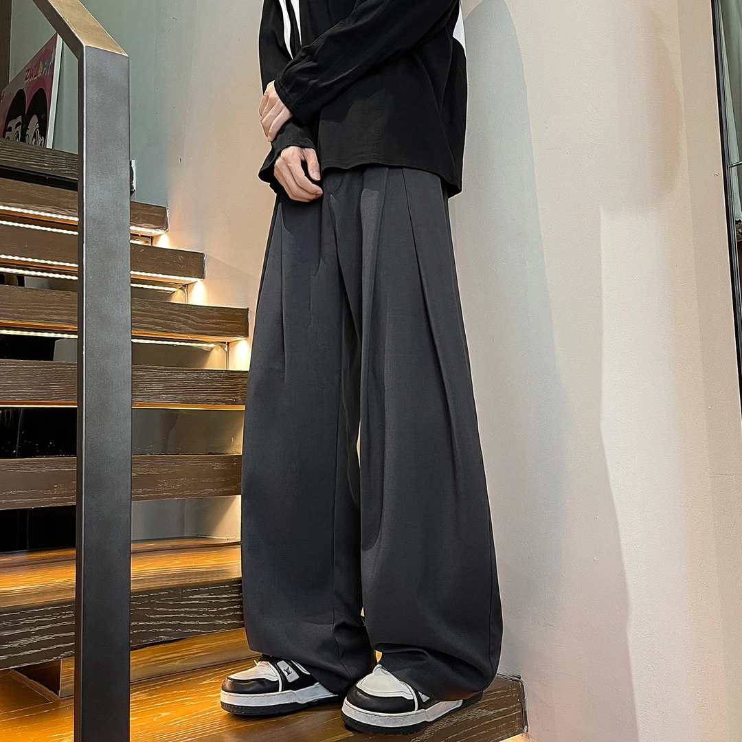 美式cleanfit廓形褶皱西裤男款潮牌高级垂感长裤宽松休闲直筒裤子